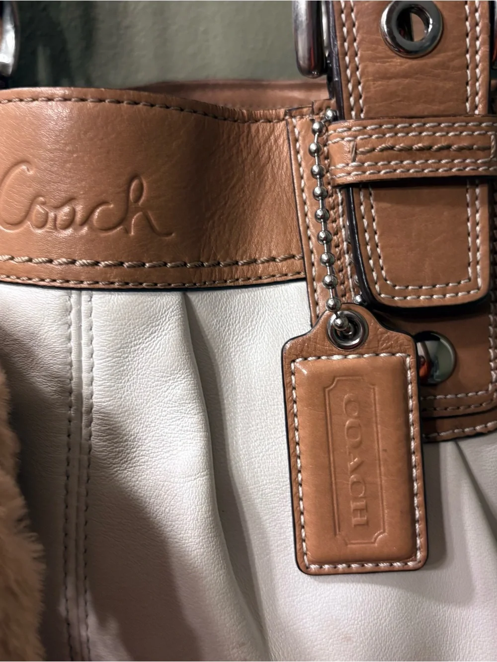 Coach Two-Tone Leather Shoulder Bag in White and Brown
